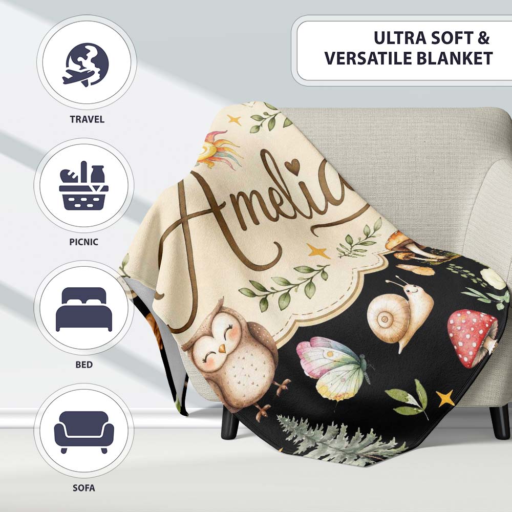 Watercolor Forest Animals Deer Owl Mushrooms Stars Seamless Pattern  Personalised Custom Name Super Soft Fleece Blanket Bed Sofa Throw