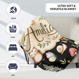 Watercolor Forest Animals Deer Owl Mushrooms Stars Seamless Pattern  Personalised Custom Name Super Soft Fleece Blanket Bed Sofa Throw