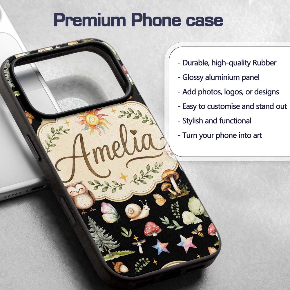 Watercolor Forest Animals Deer Owl Mushrooms Custom Name Protective Phone Case Mobile Cover Durable Everyday Smartphone Shock Resistant