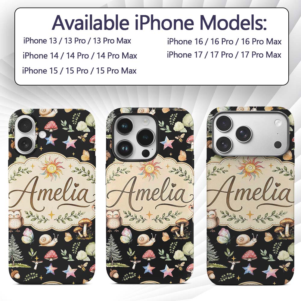 Watercolor Forest Animals Deer Owl Mushrooms Custom Name Protective Phone Case Mobile Cover Durable Everyday Smartphone Shock Resistant