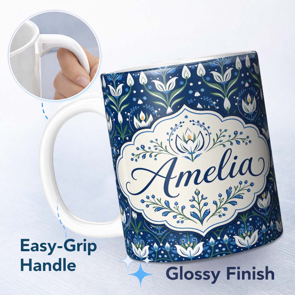 Personalized Custom Name Symmetrical Blue Floral Folk Art Pattern with White Blooms Seamless 11oz Ceramic Coffee Tea Mug White Large Handle