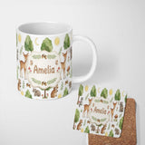 Personalized Custom Name Watercolor Forest Animal Deer Owl Mushrooms Stars Seamless Pattern 11oz Ceramic Coffee Tea Mug White Large Handle