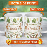 Personalized Custom Name Watercolor Forest Animal Deer Owl Mushrooms Stars Seamless Pattern 11oz Ceramic Coffee Tea Mug White Large Handle
