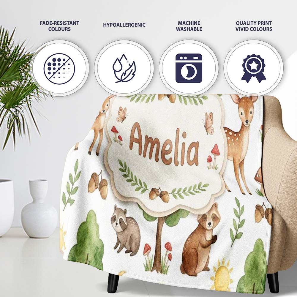 Watercolor Forest Animal Deer Owl Mushrooms Stars Seamless Pattern  Personalised Custom Name Super Soft Fleece Blanket Bed Sofa Throw