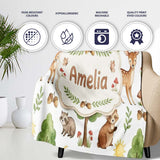 Watercolor Forest Animal Deer Owl Mushrooms Stars Seamless Pattern  Personalised Custom Name Super Soft Fleece Blanket Bed Sofa Throw