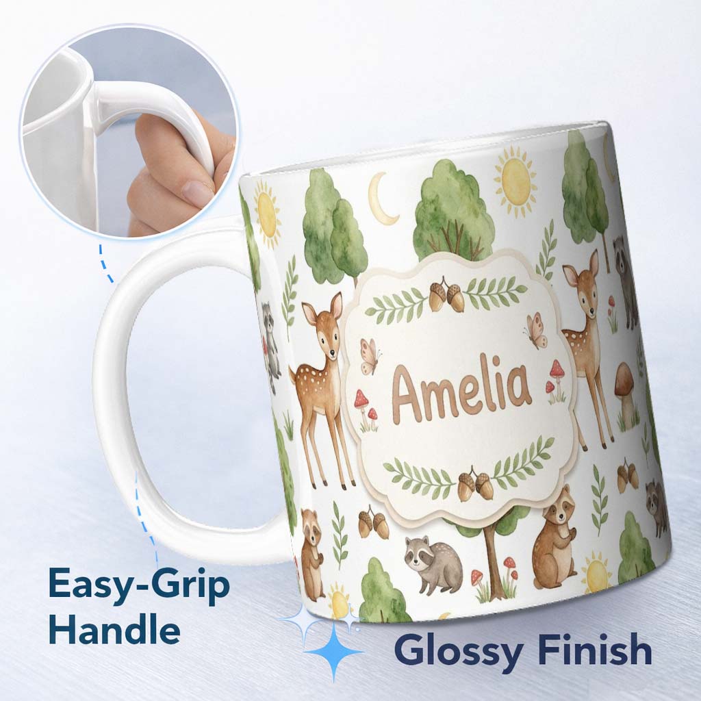 Personalized Custom Name Watercolor Forest Animal Deer Owl Mushrooms Stars Seamless Pattern 11oz Ceramic Coffee Tea Mug White Large Handle