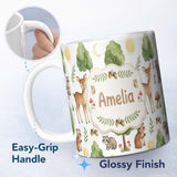 Personalized Custom Name Watercolor Forest Animal Deer Owl Mushrooms Stars Seamless Pattern 11oz Ceramic Coffee Tea Mug White Large Handle