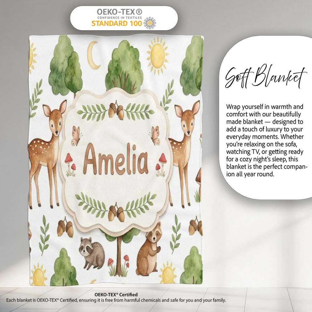 Watercolor Forest Animal Deer Owl Mushrooms Stars Seamless Pattern  Personalised Custom Name Super Soft Fleece Blanket Bed Sofa Throw