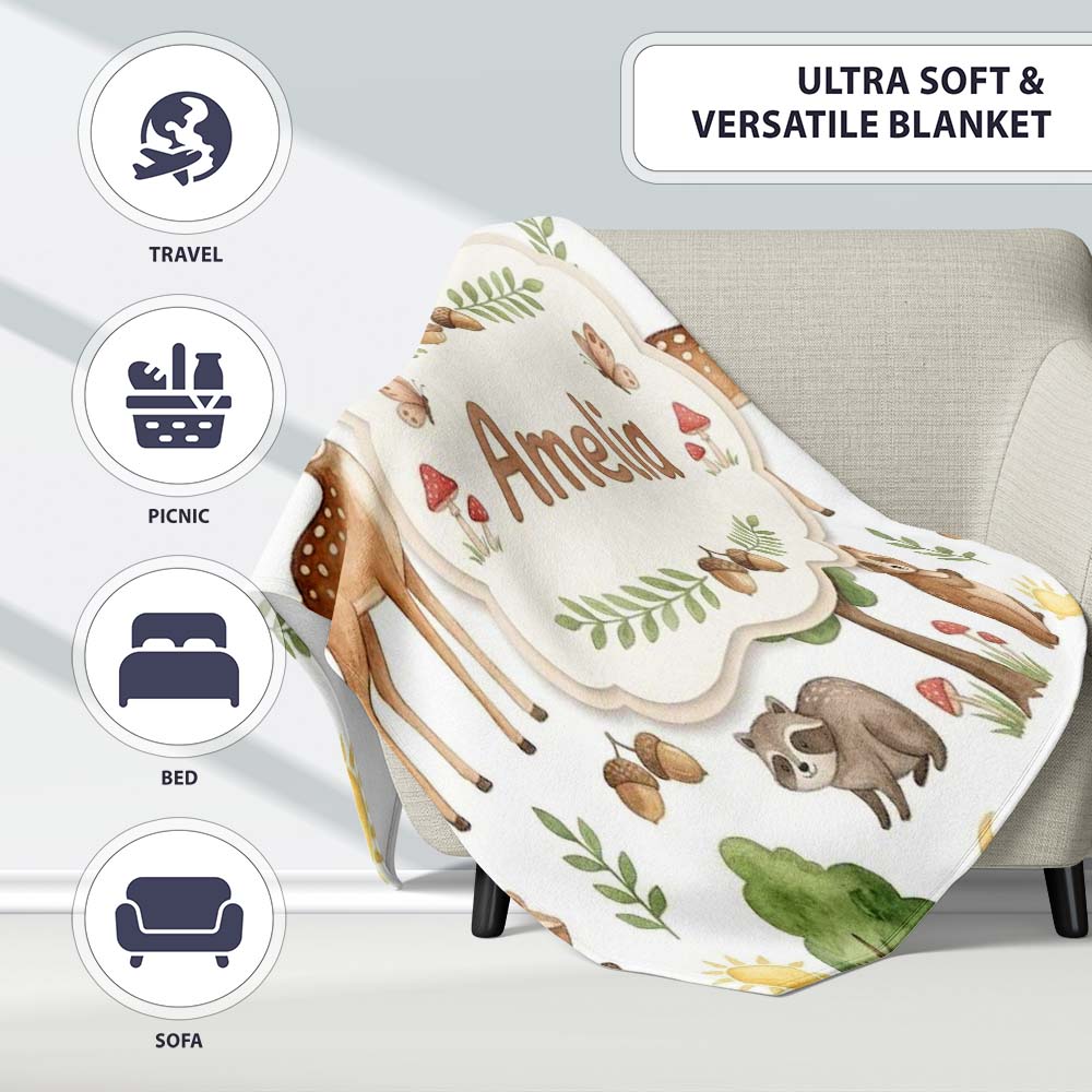 Watercolor Forest Animal Deer Owl Mushrooms Stars Seamless Pattern  Personalised Custom Name Super Soft Fleece Blanket Bed Sofa Throw