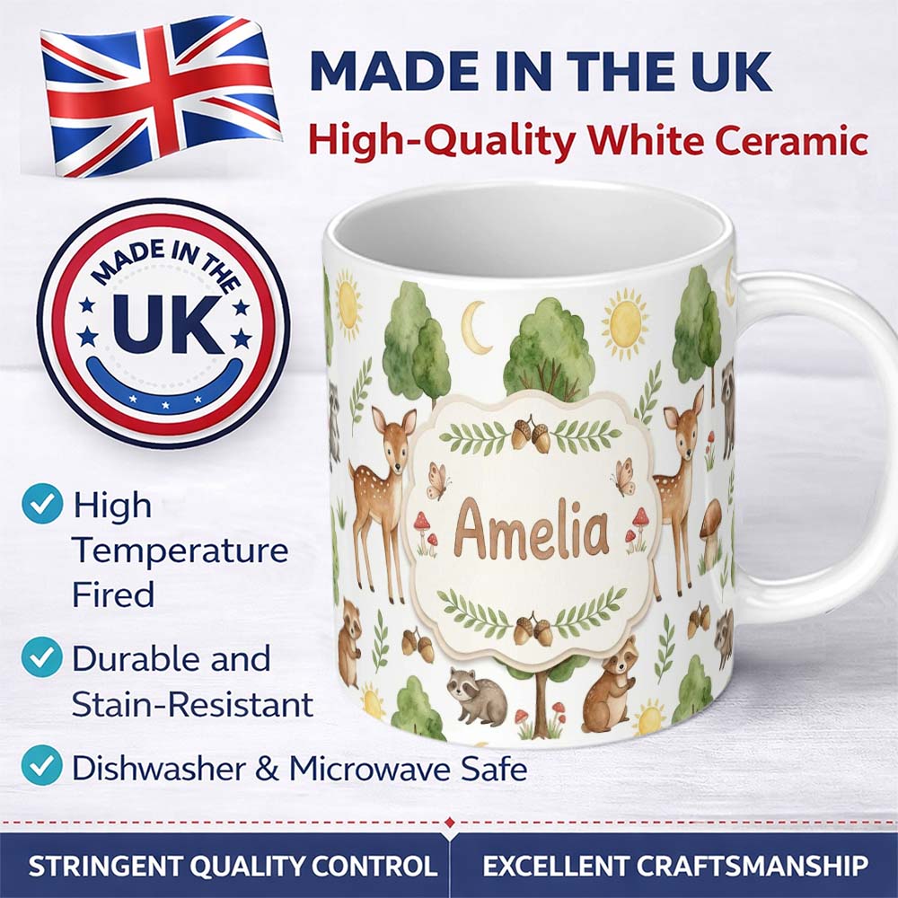 Personalized Custom Name Watercolor Forest Animal Deer Owl Mushrooms Stars Seamless Pattern 11oz Ceramic Coffee Tea Mug White Large Handle