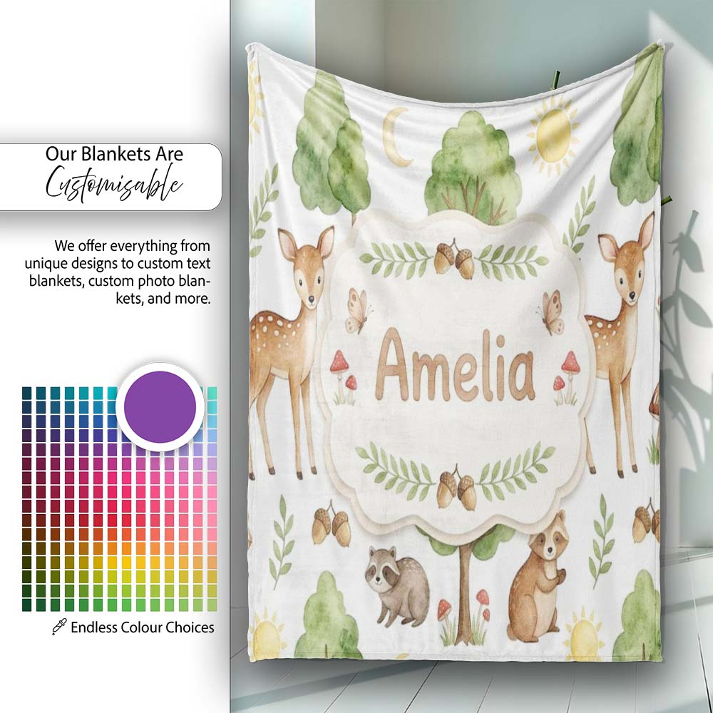 Watercolor Forest Animal Deer Owl Mushrooms Stars Seamless Pattern  Personalised Custom Name Super Soft Fleece Blanket Bed Sofa Throw