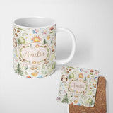 Personalized Custom Name Watercolor Forest Animals Deer Owl Mushrooms Stars Seamless Pattern 11oz Ceramic Coffee Tea Mug White Large Handle