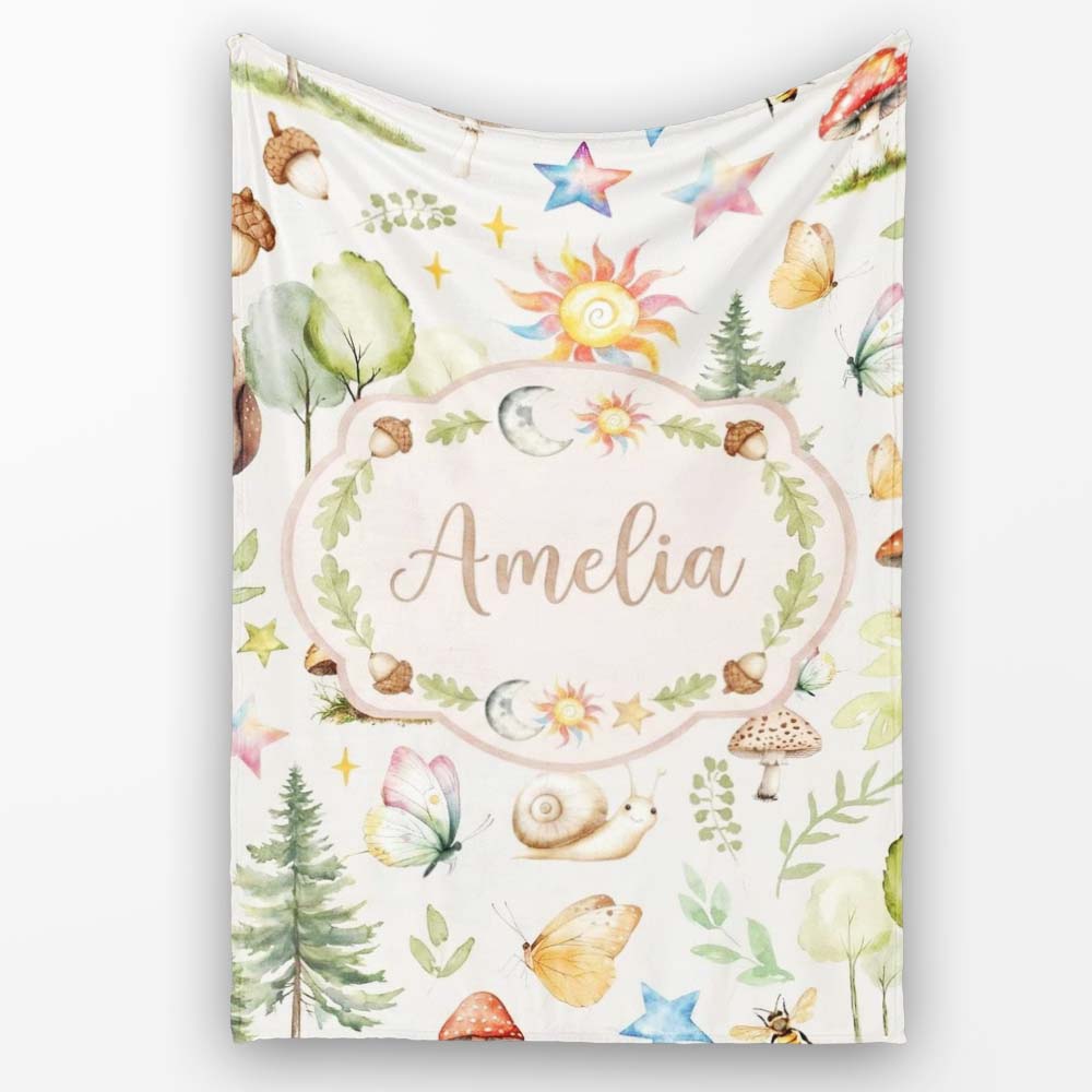 Watercolor Forest Animals Deer Owl Mushrooms Stars Seamless Pattern  Personalised Custom Name Super Soft Fleece Blanket Bed Sofa Throw