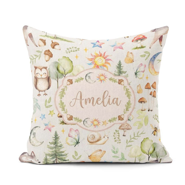 Custom Name Watercolor Animals Deer Owl Mushrooms Stars Seamless Square Filled Cushion Throw Pillow Sofa Bed Home Decor Zip Washable UK Made