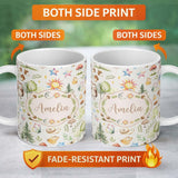 Personalized Custom Name Watercolor Forest Animals Deer Owl Mushrooms Stars Seamless Pattern 11oz Ceramic Coffee Tea Mug White Large Handle