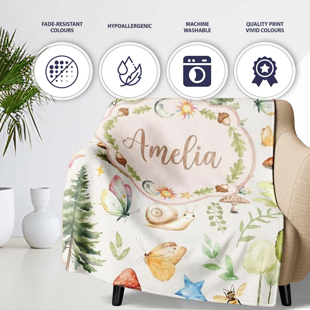 Watercolor Forest Animals Deer Owl Mushrooms Stars Seamless Pattern  Personalised Custom Name Super Soft Fleece Blanket Bed Sofa Throw