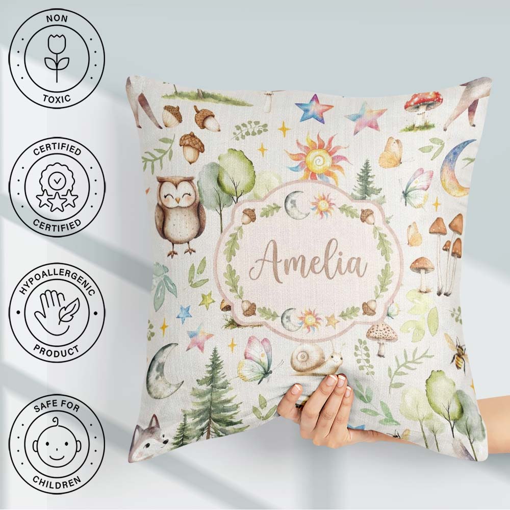 Custom Name Watercolor Animals Deer Owl Mushrooms Stars Seamless Square Filled Cushion Throw Pillow Sofa Bed Home Decor Zip Washable UK Made