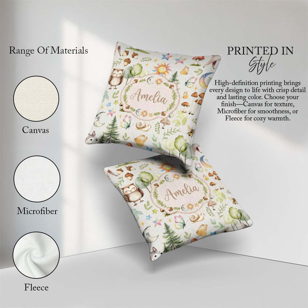 Custom Name Watercolor Animals Deer Owl Mushrooms Stars Seamless Square Filled Cushion Throw Pillow Sofa Bed Home Decor Zip Washable UK Made