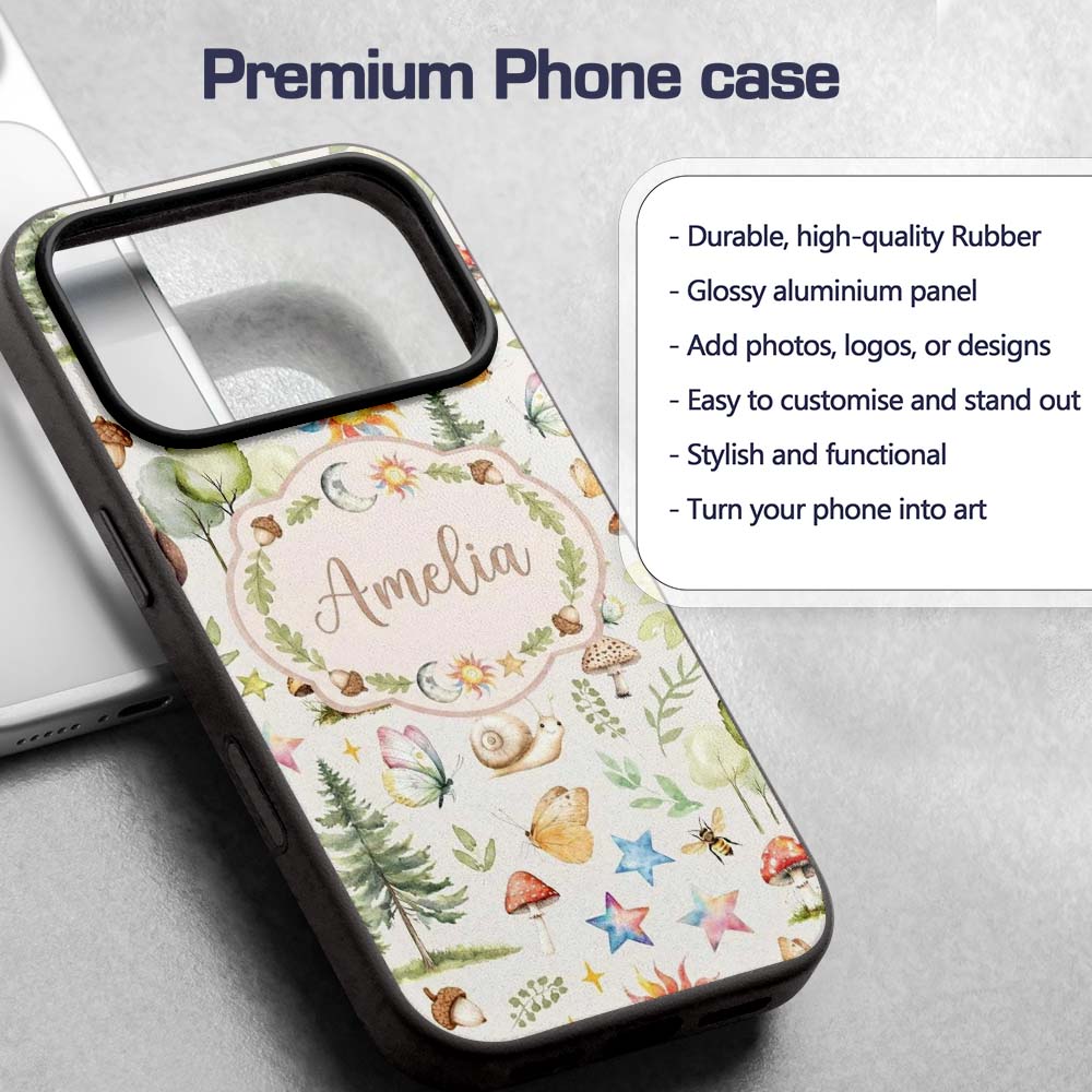 Watercolor Forest Animals Deer Owl Mushrooms Custom Name Protective Phone Case Mobile Cover Durable Everyday Smartphone Shock Resistant