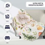 Watercolor Forest Animals Deer Owl Mushrooms Stars Seamless Pattern  Personalised Custom Name Super Soft Fleece Blanket Bed Sofa Throw