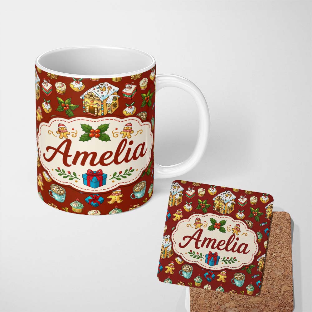 Personalized Custom Name Gingerbread House Cupcake Candy Christmas Seamless Pattern Lovely 11oz Ceramic Coffee Tea Mug White Large Handle