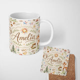 Personalized Custom Name Watercolor Forest Animals Deer Owl Mushrooms Stars Seamless Pattern 11oz Ceramic Coffee Tea Mug White Large Handle
