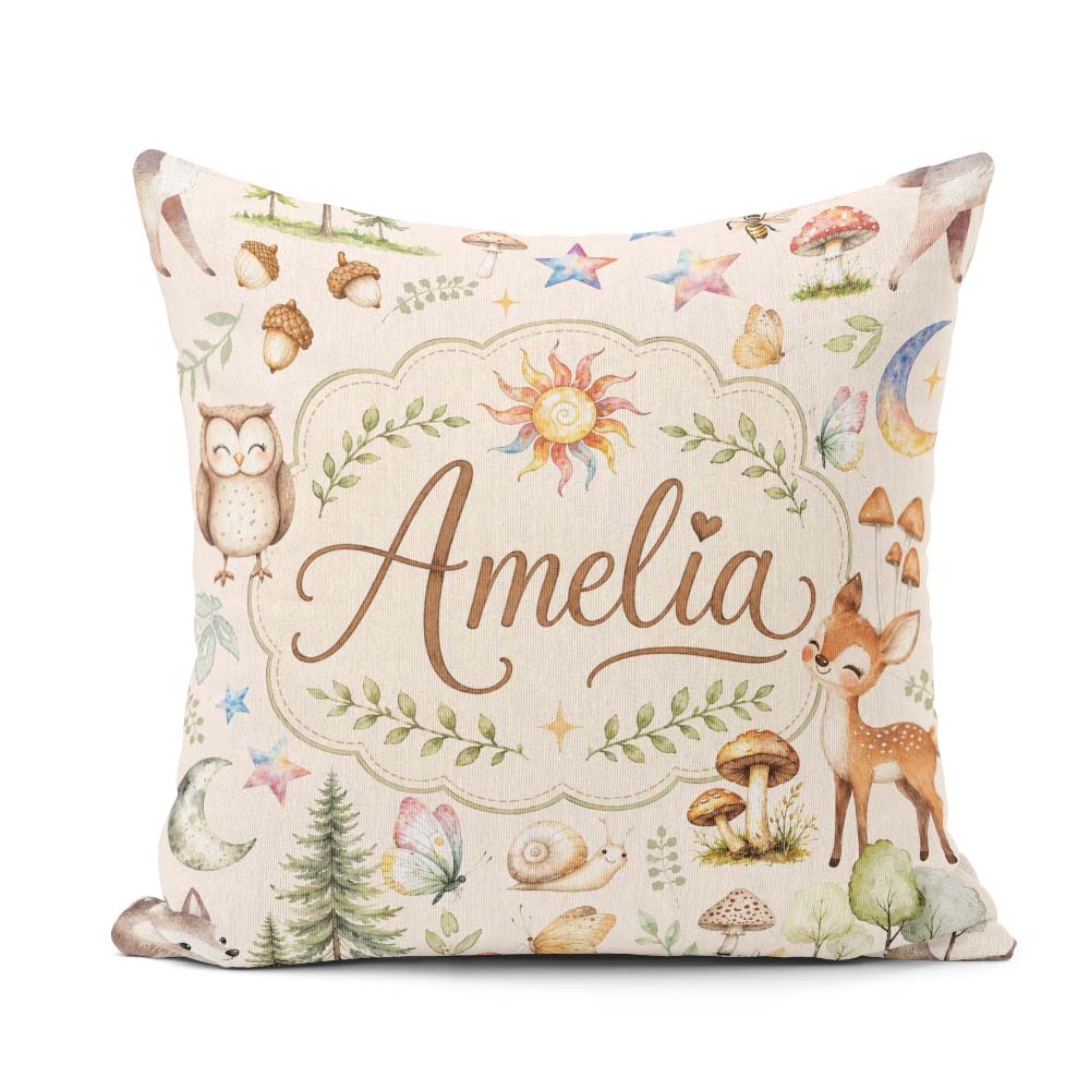 Custom Name Watercolor Animals Deer Owl Mushrooms Stars Seamless Square Filled Cushion Throw Pillow Sofa Bed Home Decor Zip Washable UK Made