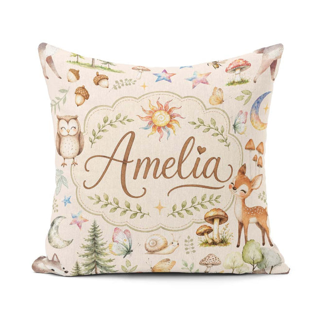 Custom Name Watercolor Animals Deer Owl Mushrooms Stars Seamless Square Filled Cushion Throw Pillow Sofa Bed Home Decor Zip Washable UK Made
