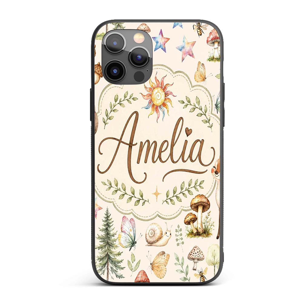 Watercolor Forest Animals Deer Owl Mushrooms Custom Name Protective Phone Case Mobile Cover Durable Everyday Smartphone Shock Resistant