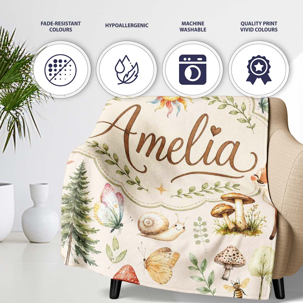 Watercolor Forest Animals Deer Owl Mushrooms Stars Seamless Pattern  Personalised Custom Name Super Soft Fleece Blanket Bed Sofa Throw