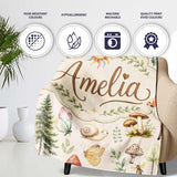 Watercolor Forest Animals Deer Owl Mushrooms Stars Seamless Pattern  Personalised Custom Name Super Soft Fleece Blanket Bed Sofa Throw