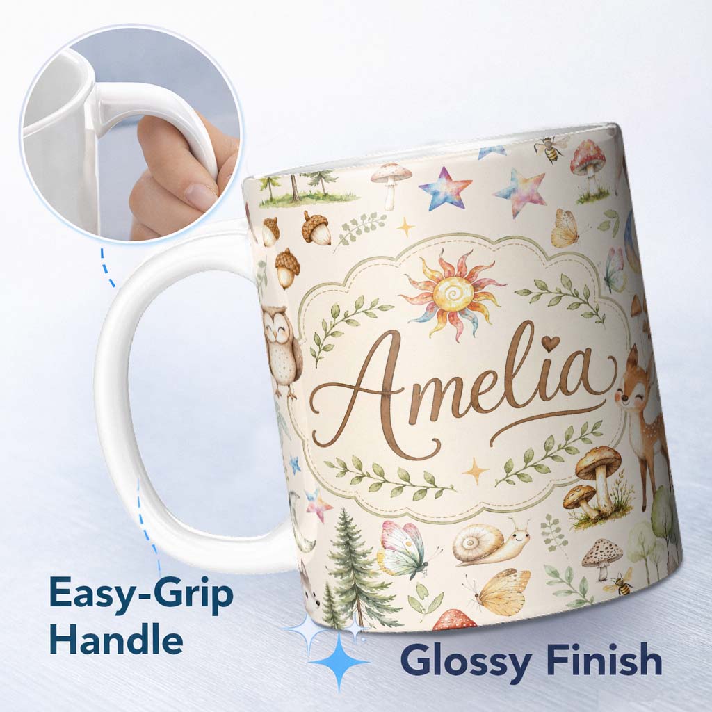 Personalized Custom Name Watercolor Forest Animals Deer Owl Mushrooms Stars Seamless Pattern 11oz Ceramic Coffee Tea Mug White Large Handle