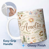 Personalized Custom Name Watercolor Forest Animals Deer Owl Mushrooms Stars Seamless Pattern 11oz Ceramic Coffee Tea Mug White Large Handle