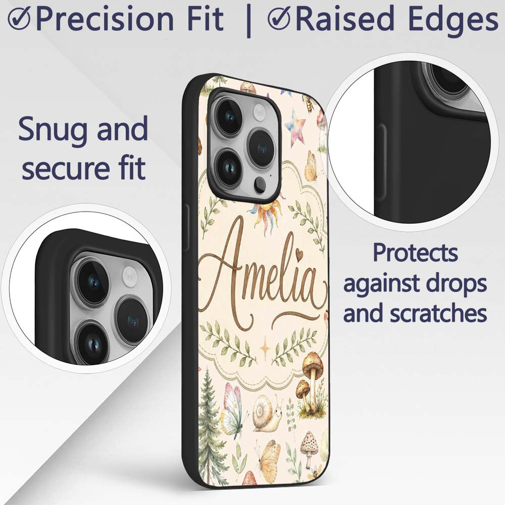 Watercolor Forest Animals Deer Owl Mushrooms Custom Name Protective Phone Case Mobile Cover Durable Everyday Smartphone Shock Resistant