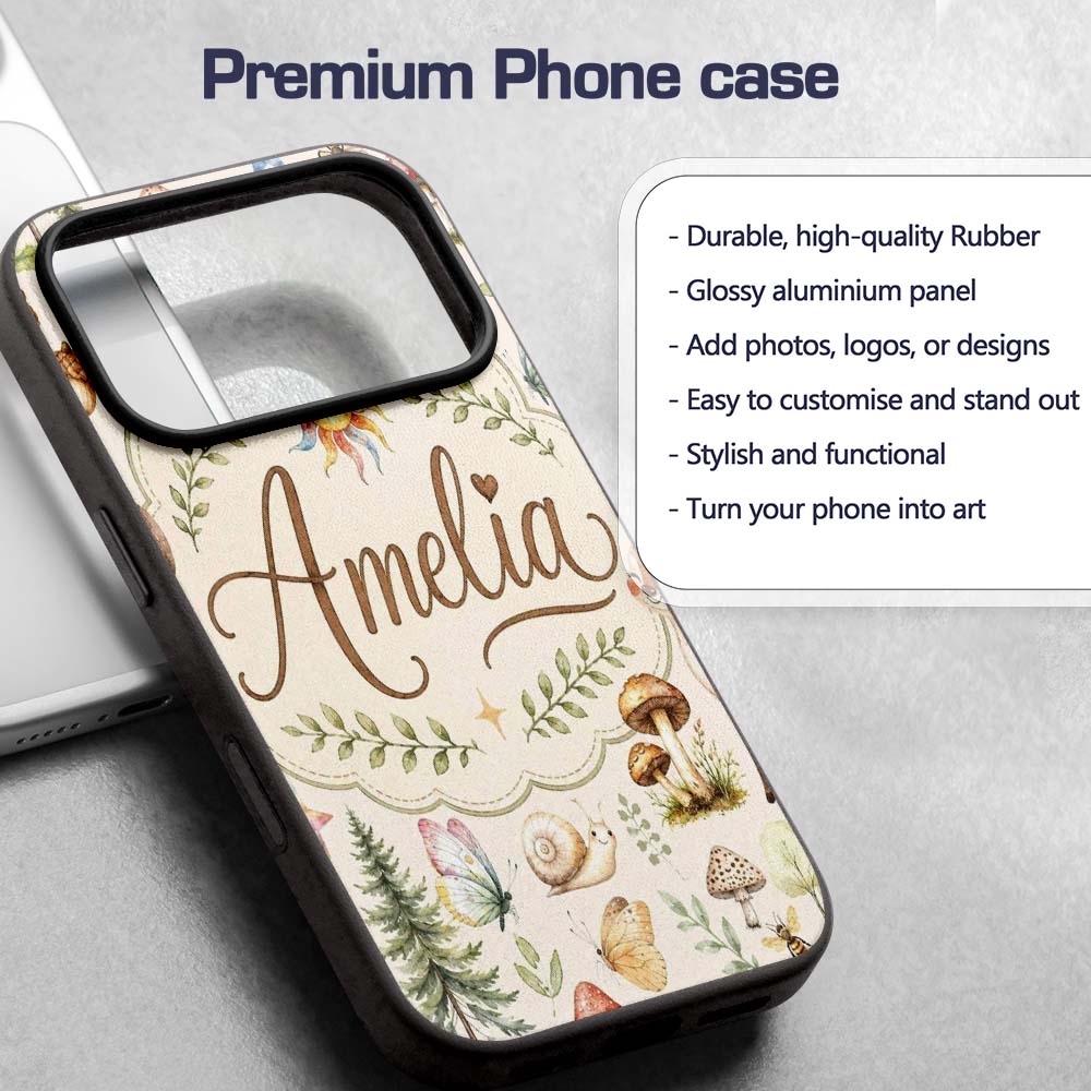 Watercolor Forest Animals Deer Owl Mushrooms Custom Name Protective Phone Case Mobile Cover Durable Everyday Smartphone Shock Resistant