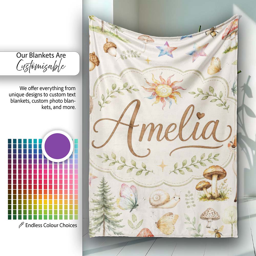 Watercolor Forest Animals Deer Owl Mushrooms Stars Seamless Pattern  Personalised Custom Name Super Soft Fleece Blanket Bed Sofa Throw