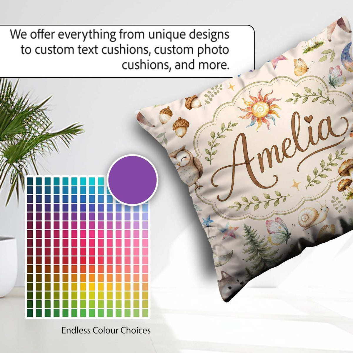 Custom Name Watercolor Animals Deer Owl Mushrooms Stars Seamless Square Filled Cushion Throw Pillow Sofa Bed Home Decor Zip Washable UK Made