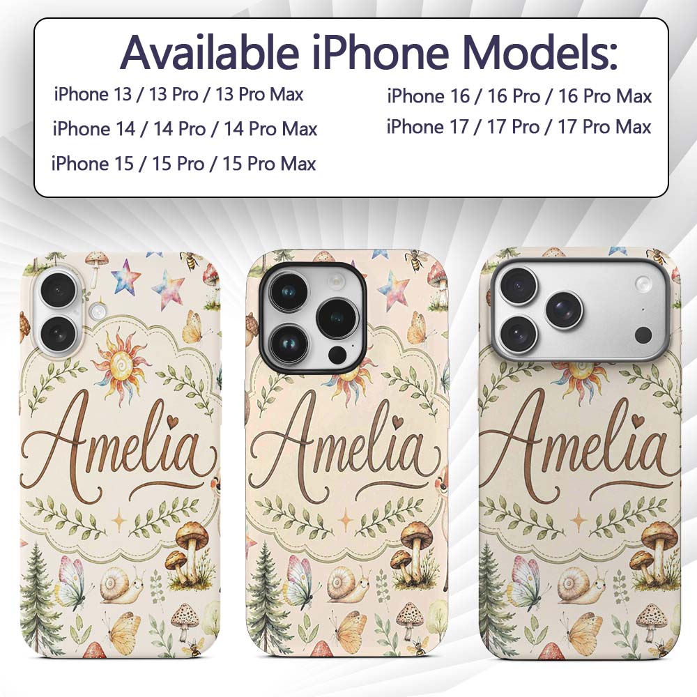 Watercolor Forest Animals Deer Owl Mushrooms Custom Name Protective Phone Case Mobile Cover Durable Everyday Smartphone Shock Resistant