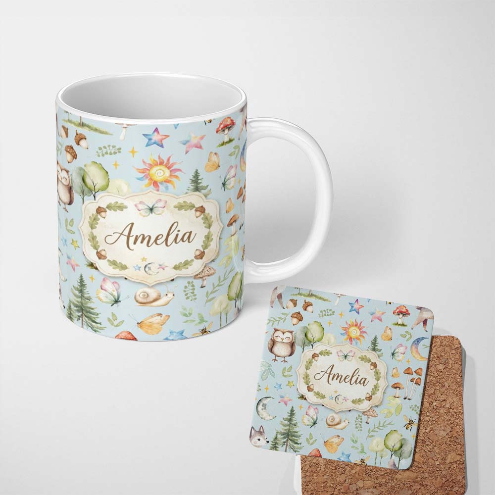 Personalized Custom Name Watercolor Forest Animals Deer Owl Mushrooms Stars Seamless Pattern 11oz Ceramic Coffee Tea Mug White Large Handle