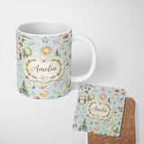 Personalized Custom Name Watercolor Forest Animals Deer Owl Mushrooms Stars Seamless Pattern 11oz Ceramic Coffee Tea Mug White Large Handle