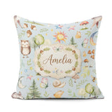 Custom Name Watercolor Animals Deer Owl Mushrooms Stars Seamless Square Filled Cushion Throw Pillow Sofa Bed Home Decor Zip Washable UK Made