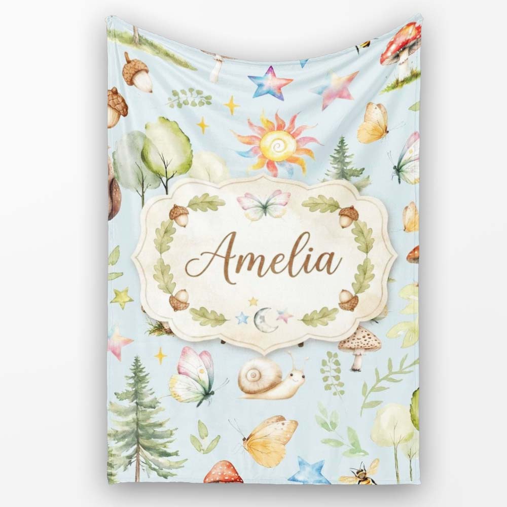 Watercolor Forest Animals Deer Owl Mushrooms Stars Seamless Pattern  Personalised Custom Name Super Soft Fleece Blanket Bed Sofa Throw