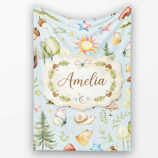 Watercolor Forest Animals Deer Owl Mushrooms Stars Seamless Pattern  Personalised Custom Name Super Soft Fleece Blanket Bed Sofa Throw