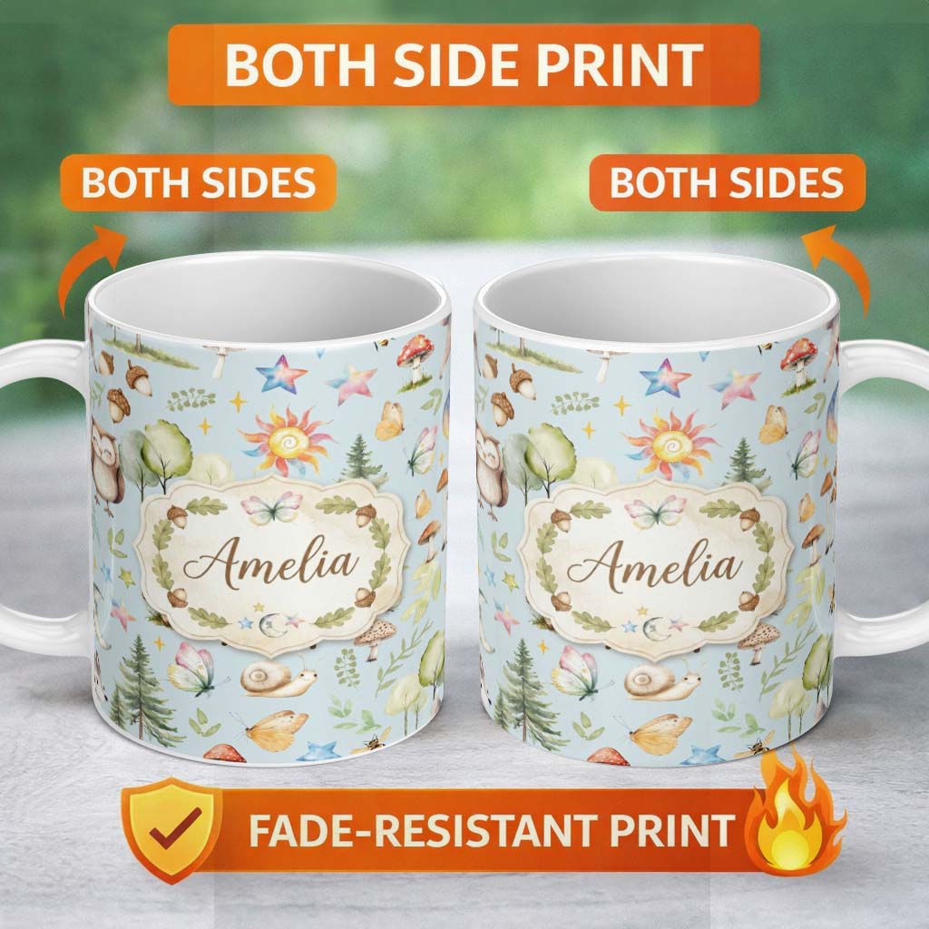 Personalized Custom Name Watercolor Forest Animals Deer Owl Mushrooms Stars Seamless Pattern 11oz Ceramic Coffee Tea Mug White Large Handle