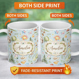 Personalized Custom Name Watercolor Forest Animals Deer Owl Mushrooms Stars Seamless Pattern 11oz Ceramic Coffee Tea Mug White Large Handle