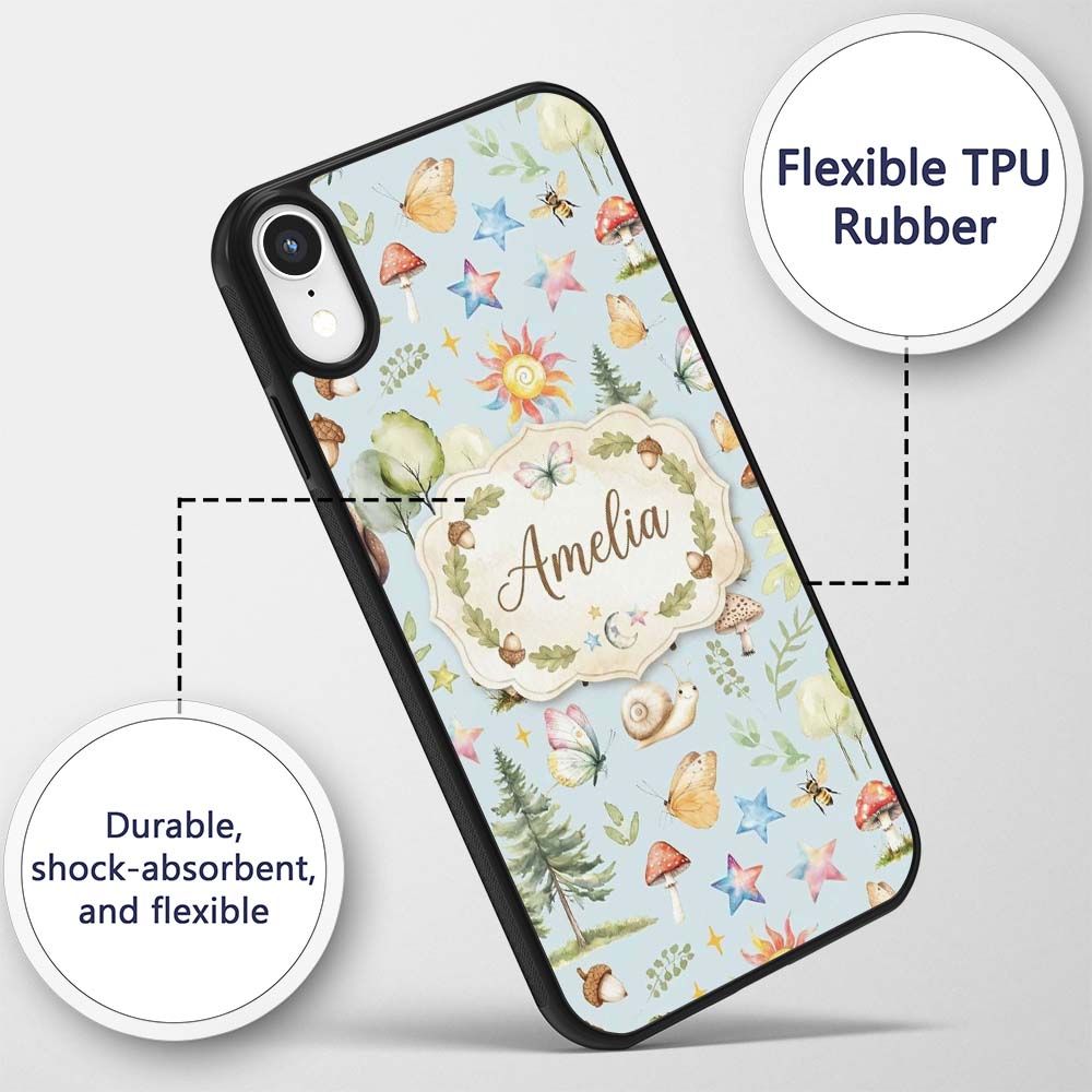 Watercolor Forest Animals Deer Owl Mushrooms Custom Name Protective Phone Case Mobile Cover Durable Everyday Smartphone Shock Resistant