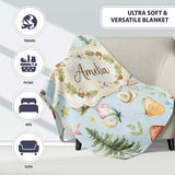 Watercolor Forest Animals Deer Owl Mushrooms Stars Seamless Pattern  Personalised Custom Name Super Soft Fleece Blanket Bed Sofa Throw