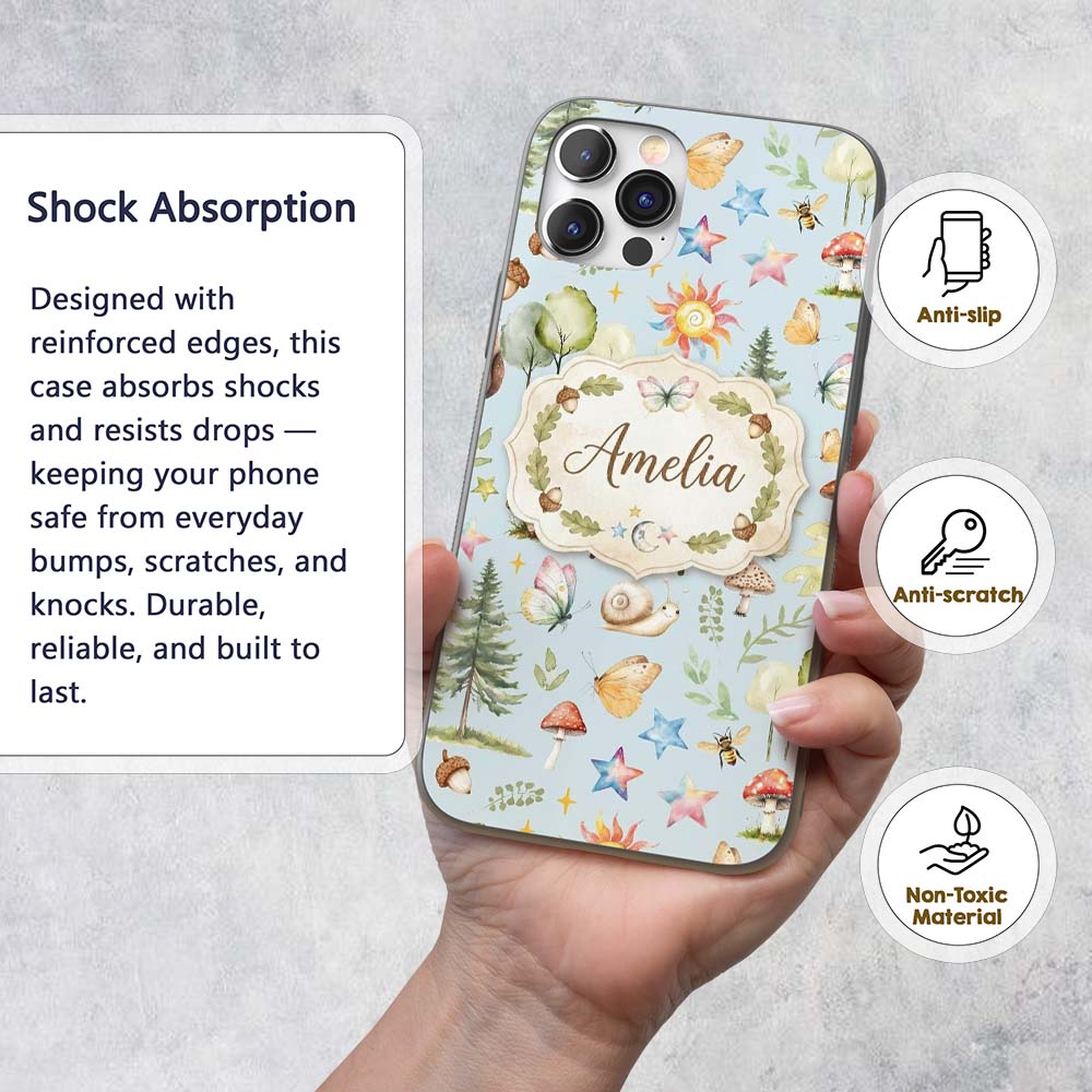 Watercolor Forest Animals Deer Owl Mushrooms Custom Name Protective Phone Case Mobile Cover Durable Everyday Smartphone Shock Resistant