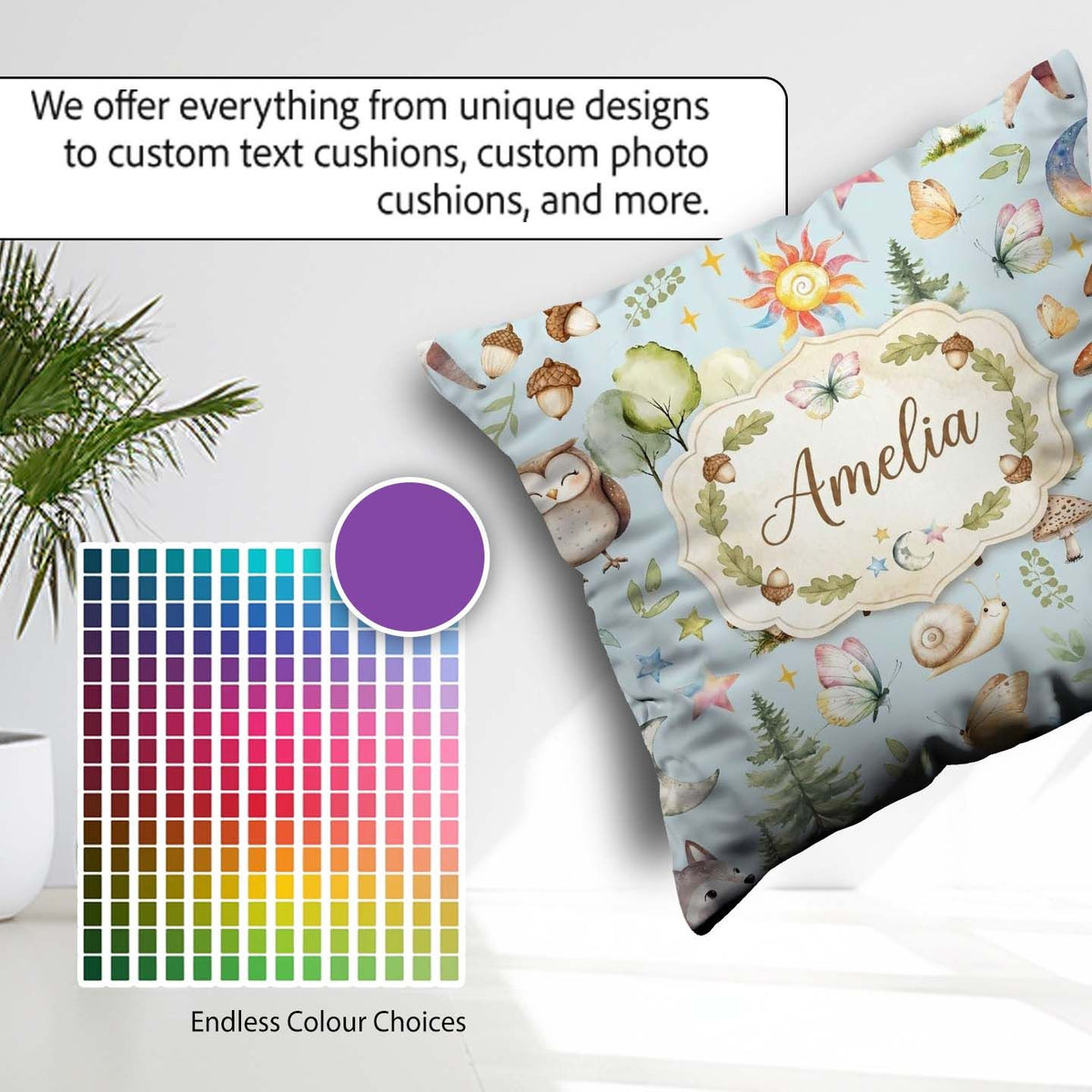 Custom Name Watercolor Animals Deer Owl Mushrooms Stars Seamless Square Filled Cushion Throw Pillow Sofa Bed Home Decor Zip Washable UK Made