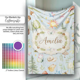 Watercolor Forest Animals Deer Owl Mushrooms Stars Seamless Pattern  Personalised Custom Name Super Soft Fleece Blanket Bed Sofa Throw